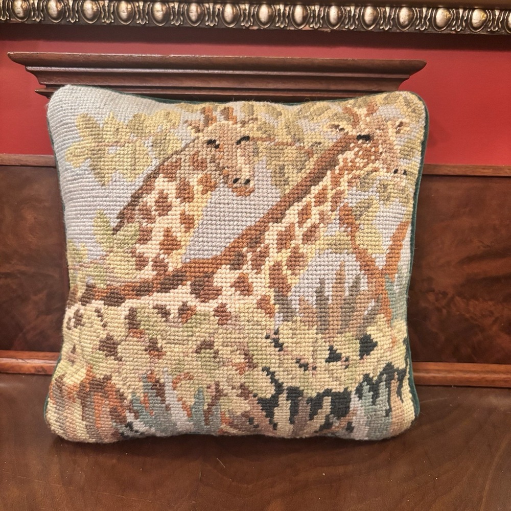 Vintage Handcrafted Needlepoint Giraffe Throw Pillow 9x9 Safari Velvet